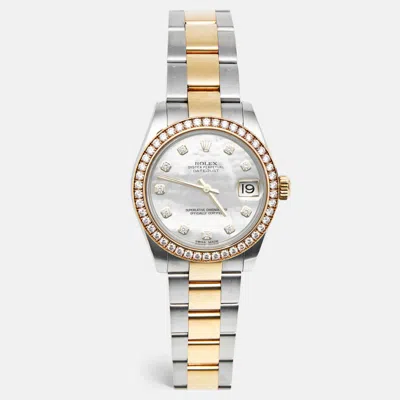 Pre-owned Rolex Datejust 178383-0020 White Mother Pearl Dial 18k Yellow Gold Stainless Steel Women's Wristwatch 31 M In Silver