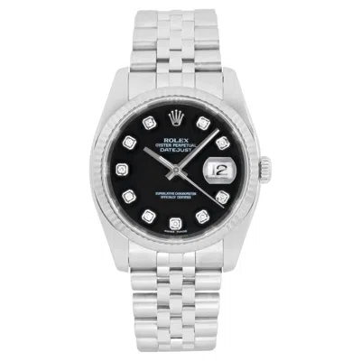 Pre-owned Rolex Datejust 18k White Gold Steel Black Diamond Dial Watch 116234