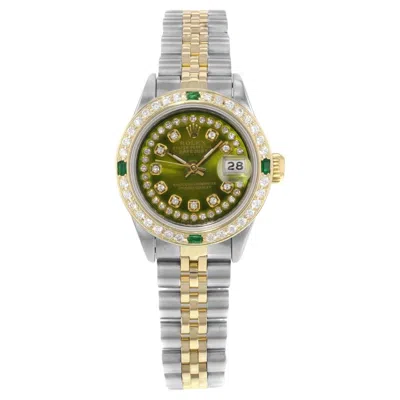 Pre-owned Rolex Datejust 18k Yellow Gold Steel Custom Olive Diamond Ladies Watch 69173