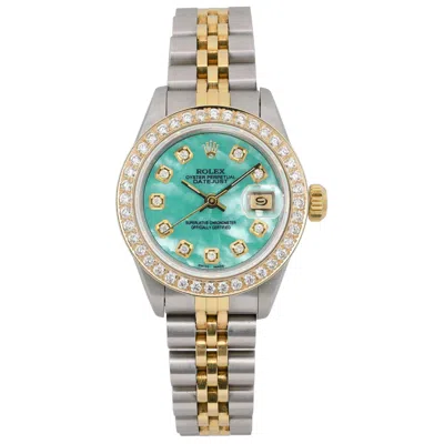 Pre-owned Rolex Datejust 26 Steel 18k Gold Custom Green Turquoise Diamond Dial Watch 69173