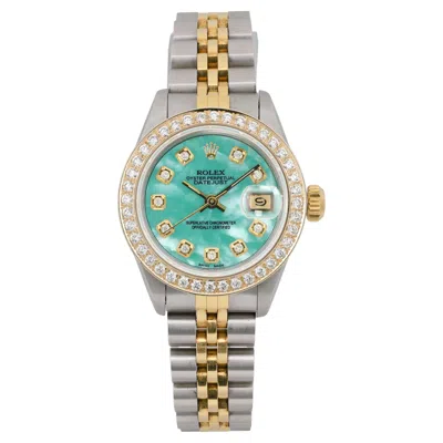 Pre-owned Rolex Datejust 26 Steel 18k Gold Custom Green Turquoise Diamond Dial Watch 69173