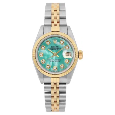 Pre-owned Rolex Datejust 26 Steel 18k Gold Custom Green Turquoise Diamond Dial Watch 69173