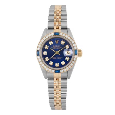 Pre-owned Rolex Datejust 26mm 18k Gold Steel Blue Dial Ladies Custom Diamond Watch 69173g