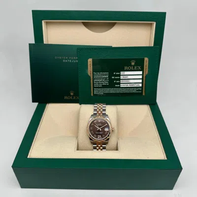 Pre-owned Rolex Datejust 31 178341 18k Rose Gold Steel Diamond Chocolate Watch Box Papers In Red