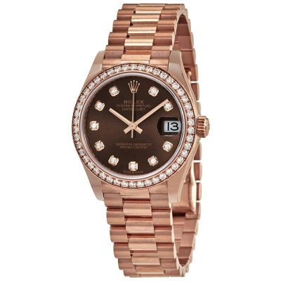 Rolex Datejust 31 Chocolate Diamond Dial Ladies 18 Ct Everose Gold President Watch 278285chdp In Brown
