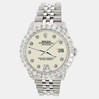 Pre-owned Rolex Datejust 31mm 2.95ct Diamond Bezel Lugs Linen White Roman Vi Dial Steel Midsize Wristwatch