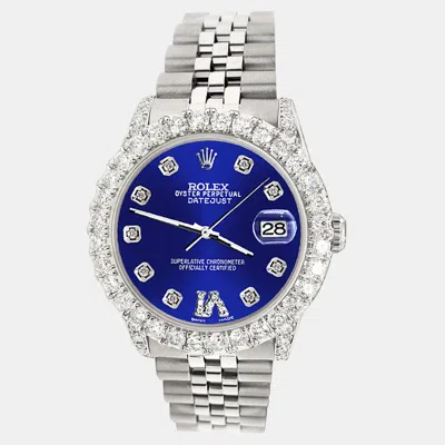 Pre-owned Rolex Datejust 31mm 2.95ct Diamond Bezel Lugs Navy Blue Roman Vi Dial Steel Midsize Wristwatch