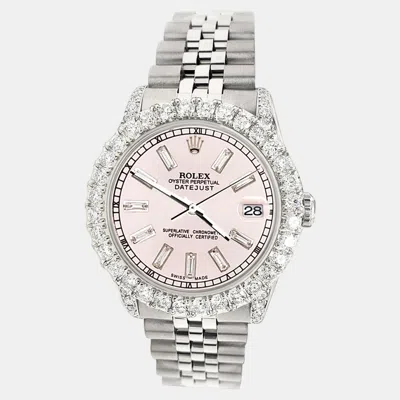 Pre-owned Rolex Datejust 31mm 2.95ct Diamond Bezel Lugs Orchid Pink Baguette Dial Steel Midsize Jubilee Wristwatch