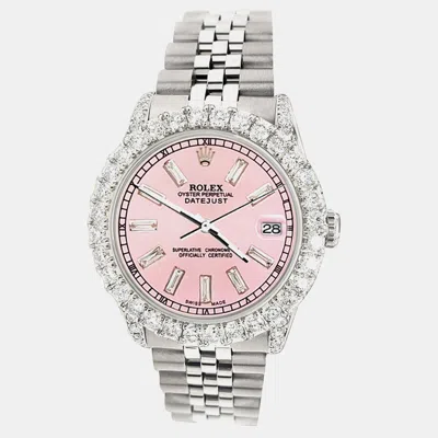 Pre-owned Rolex Datejust 31mm 2.95ct Diamond Bezel Lugs Pink Baguette Dial Steel Midsize Jubilee Wristwatch