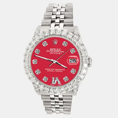 Pre-owned Rolex Datejust 31mm 2.95ct Diamond Bezel Lugs Scarlet Red Roman Vi Dial Steel Midsize Wristwatch