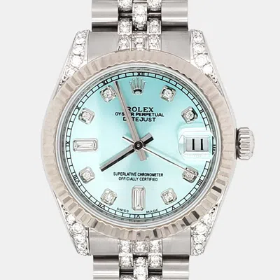 Pre-owned Rolex Datejust 31mm 3ct Diamonds Lugs Bracelet Turquoise Baguette Diamond Dial Steel 178274 Wristwatch In Blue