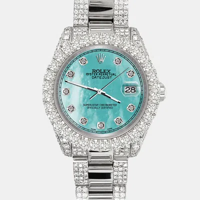 Pre-owned Rolex Datejust 31mm Pave 7.2ct Iced Diamond Aquamarine Mop Track Wristwatch 178240 In Blue