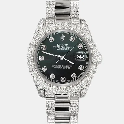 Pre-owned Rolex Datejust 31mm Pave 7.2ct Iced Diamond Black Mop Track Wristwatch 178240