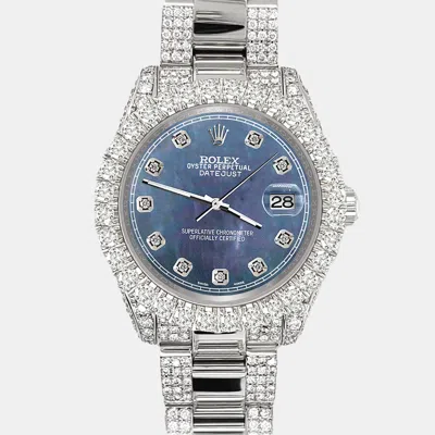 Pre-owned Rolex Datejust 31mm Pave 7.2ct Iced Diamond Black Pearl Track Wristwatch 178240 In Blue