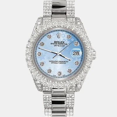 Pre-owned Rolex Datejust 31mm Pave 7.2ct Iced Diamond Blue Flower Track Wristwatch 178240