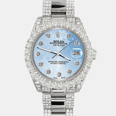 Pre-owned Rolex Datejust 31mm Pave 7.2ct Iced Diamond Blue Flower Wristwatch 178240