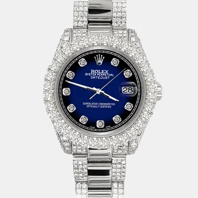 Pre-owned Rolex Datejust 31mm Pave 7.2ct Iced Diamond Blue Vignette Track Wristwatch 178240