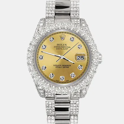 Pre-owned Rolex Datejust 31mm Pave 7.2ct Iced Diamond Champagne Track Wristwatch 178240 In Gold