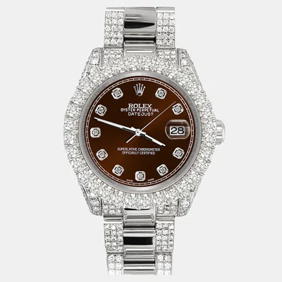 Pre-owned Rolex Datejust 31mm Pave 7.2ct Iced Diamond Chocolate Track Wristwatch 178240 In Brown