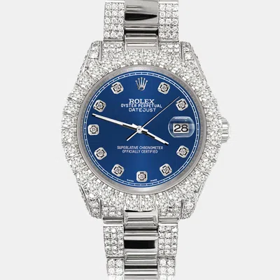 Pre-owned Rolex Datejust 31mm Pave 7.2ct Iced Diamond Cobalt Blue Track Wristwatch 178240