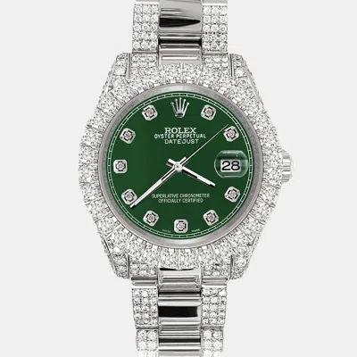 Pre-owned Rolex Datejust 31mm Pave 7.2ct Iced Diamond Forest Green Track Wristwatch 178240