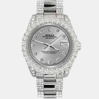 Pre-owned Rolex Datejust 31mm Pave 7.2ct Iced Diamond Gray Track Wristwatch 178240 In Grey