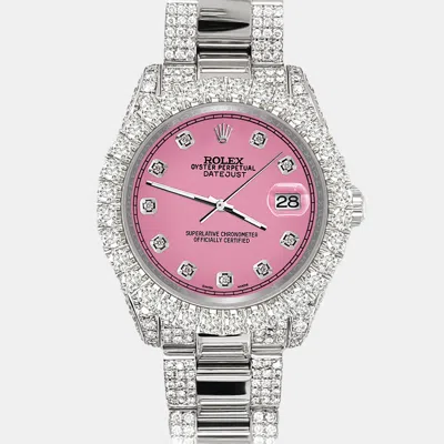 Pre-owned Rolex Datejust 31mm Pave 7.2ct Iced Diamond Hot Pink Track Wristwatch 178240