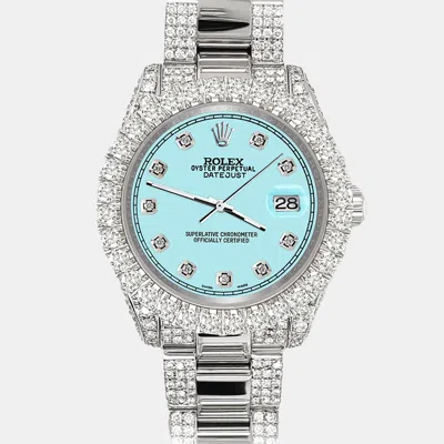 Pre-owned Rolex Datejust 31mm Pave 7.2ct Iced Diamond Ice Blue Track Wristwatch 178240