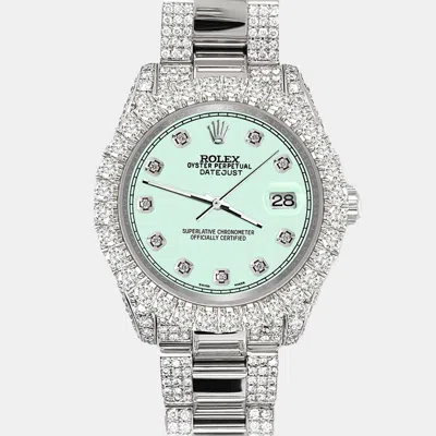Pre-owned Rolex Datejust 31mm Pave 7.2ct Iced Diamond Malachite Track Wristwatch 178240 In Green