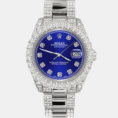 Pre-owned Rolex Datejust 31mm Pave 7.2ct Iced Diamond Navy Blue Track Wristwatch 178240