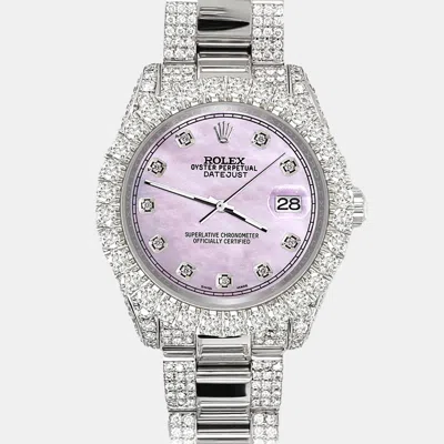 Pre-owned Rolex Datejust 31mm Pave 7.2ct Iced Diamond Pink Pearl Track Wristwatch 178240