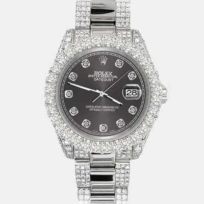Pre-owned Rolex Datejust 31mm Pave 7.2ct Iced Diamond Rhodium Gray Track Wristwatch 178240 In Grey