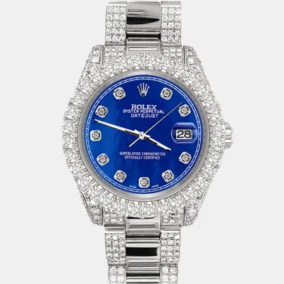 Pre-owned Rolex Datejust 31mm Pave 7.2ct Iced Diamond Royal Blue Mop Track Wristwatch 178240