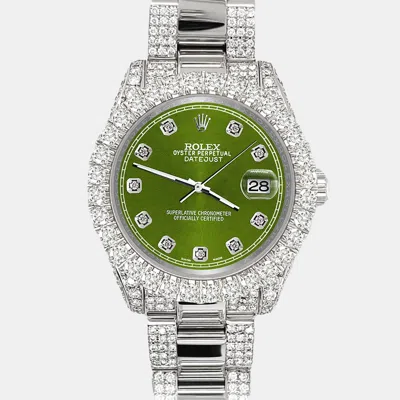 Pre-owned Rolex Datejust 31mm Pave 7.2ct Iced Diamond Royal Green Track Wristwatch 178240