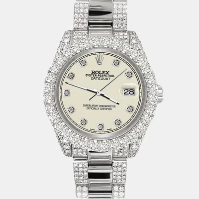 Pre-owned Rolex Datejust 31mm Pave 7.2ct Iced Diamond Satin Linen Track Wristwatch 178240 In Beige