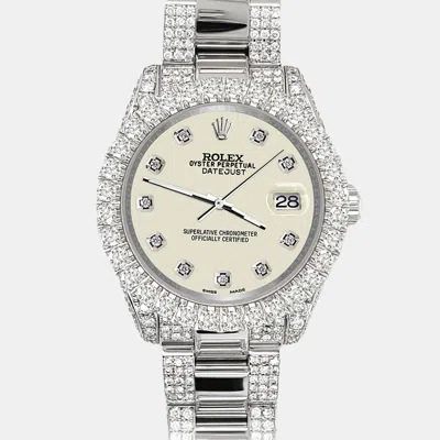 Pre-owned Rolex Datejust 31mm Pave 7.2ct Iced Diamond Satin Linen Wristwatch 178240 In Beige