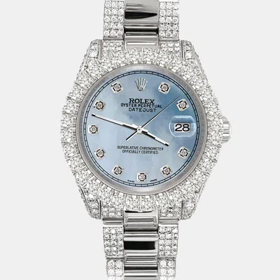 Pre-owned Rolex Datejust 31mm Pave 7.2ct Iced Diamond Sky Blue Mop Track Wristwatch 178240