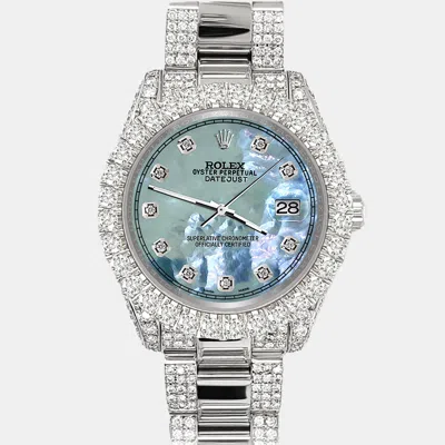 Pre-owned Rolex Datejust 31mm Pave 7.2ct Iced Diamond Tahitian Blue Mop Track Wristwatch 178240