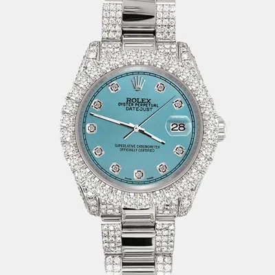 Pre-owned Rolex Datejust 31mm Pave 7.2ct Iced Diamond Turquoise Track Wristwatch 178240 In Blue