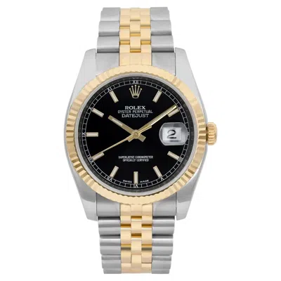 Pre-owned Rolex Datejust 36 18k Yellow Gold Steel Black Index Dial Automatic Watch 116233