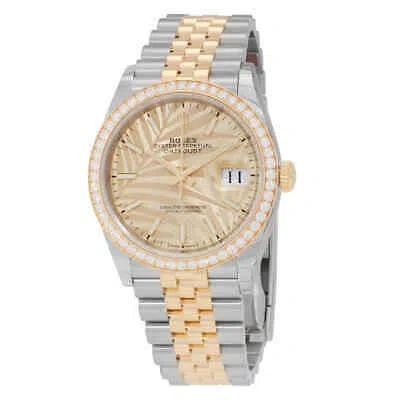Pre-owned Rolex Datejust 36 Automatic Champagne Palm Motif Dial Chronometer Diamond Watch