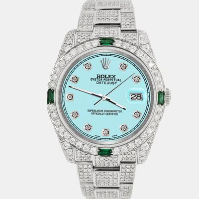 Pre-owned Rolex Datejust 36mm 12.4ct Diamonds Emeralds Bezel Case Bracelet Aqua Blue Diamond Dial Steel Wristwatch