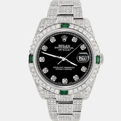 Pre-owned Rolex Datejust 36mm 12.4ct Diamonds Emeralds Bezel Case Bracelet Aquamarine Black Diamond Dial 116234 Stee