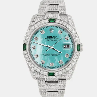 Pre-owned Rolex Datejust 36mm 12.4ct Diamonds Emeralds Bezel Case Bracelet Aquamarine Blue Diamond Dial Steel Wristw