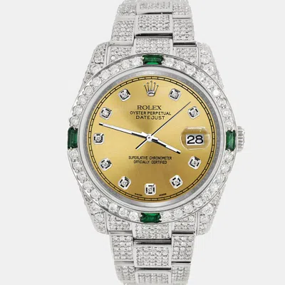Pre-owned Rolex Datejust 36mm 12.4ct Diamonds Emeralds Bezel Case Bracelet Aquamarine Champagne Diamond Dial 116234  In Gold