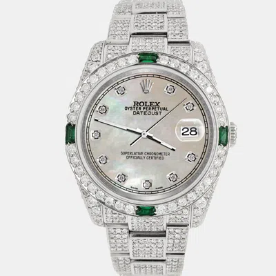 Pre-owned Rolex Datejust 36mm 12.4ct Diamonds Emeralds Bezel Case Bracelet Aquamarine Champagne Mop Diamond Dial 116 In Gold