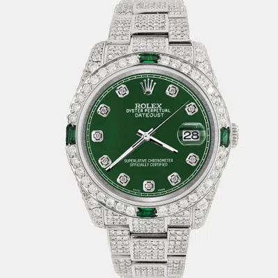 Pre-owned Rolex Datejust 36mm 12.4ct Diamonds Emeralds Bezel Case Bracelet Aquamarine Forest Green Mop Diamond Dial 