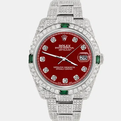 Pre-owned Rolex Datejust 36mm 12.4ct Diamonds Emeralds Bezel Case Bracelet Aquamarine Imperial Red Diamond Dial 1162