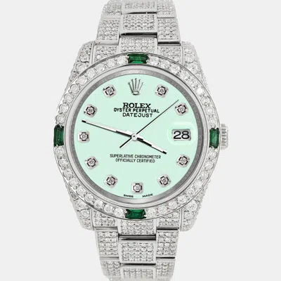 Pre-owned Rolex Datejust 36mm 12.4ct Diamonds Emeralds Bezel Case Bracelet Light Malachite Diamond Dial Steel Wristw In Green