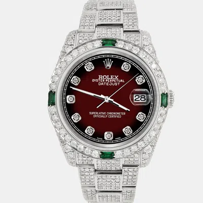 Pre-owned Rolex Datejust 36mm 12.4ct Diamonds Emeralds Bezel Case Bracelet Maroon Vignette Diamond Dial Steel Wristw In Brown